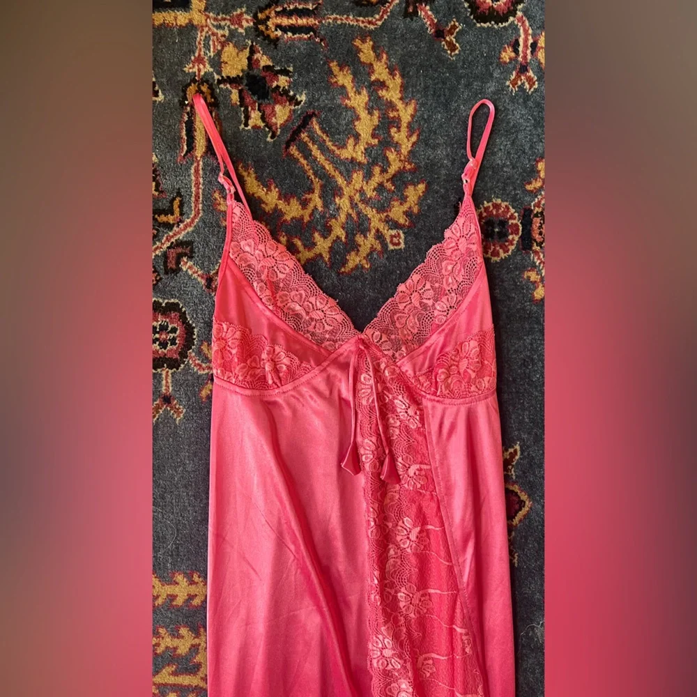 Vintage 1970s Hot Pink Lace Panel Nightgown – by Comfort Fashion - Picture 1 of 5